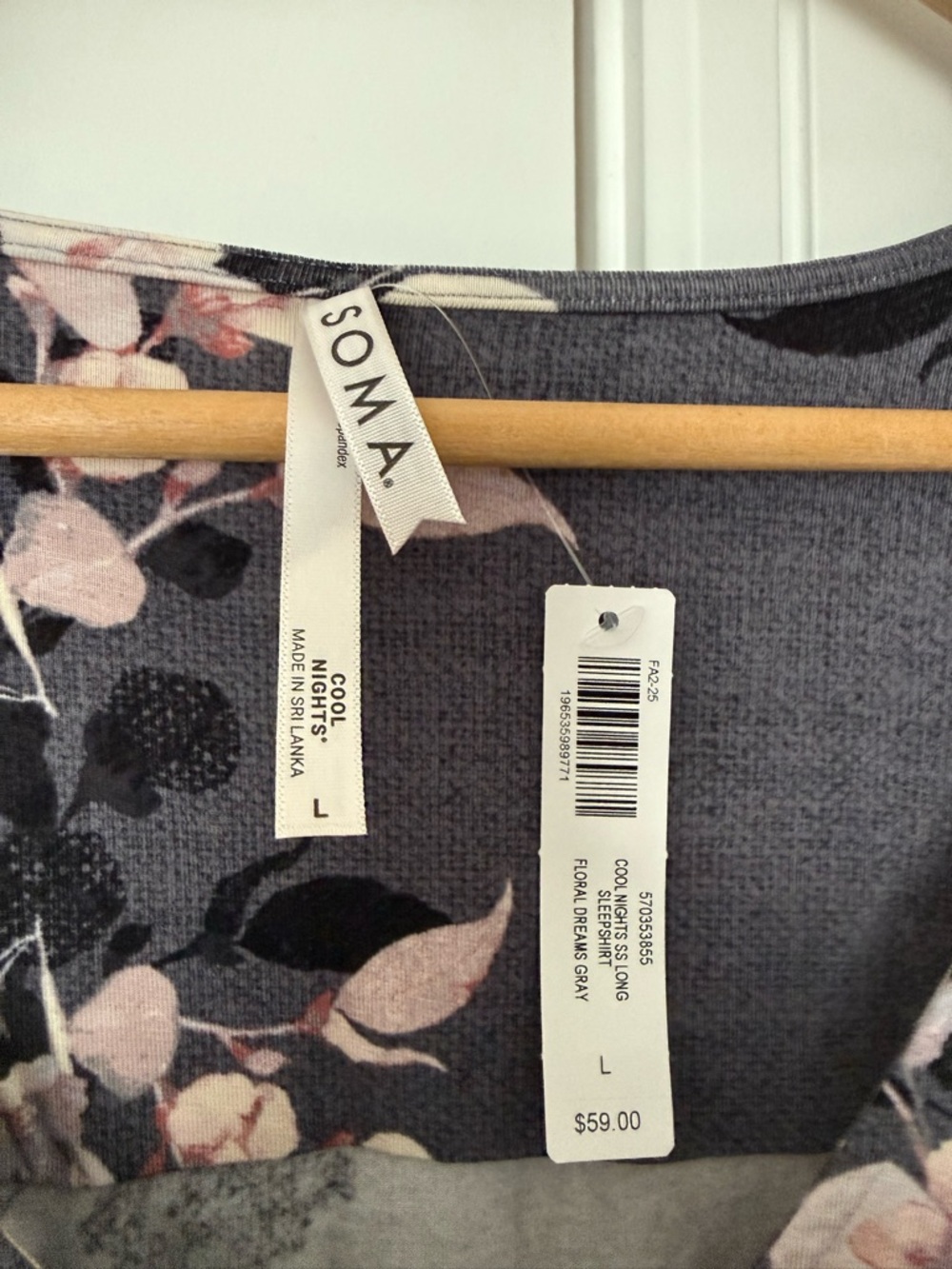 NWT!  Soma Gray Floral V-Neck Maxi Nightgown with Pink Blossoms - Picture 3 of 4